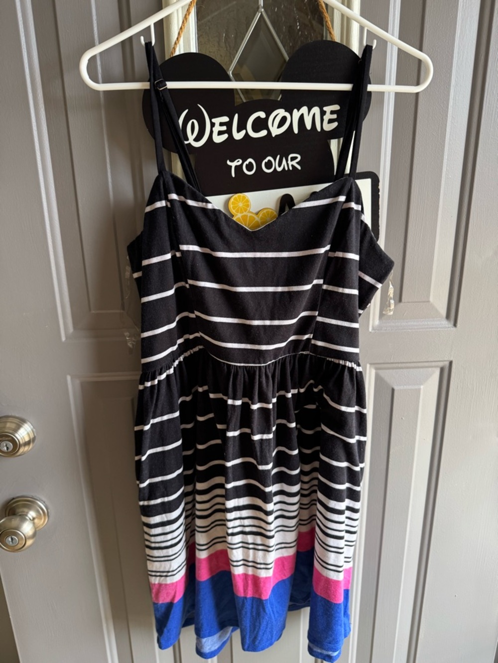 Xhilaration Black and White Striped Tank Dress with Pink and Blue Hem